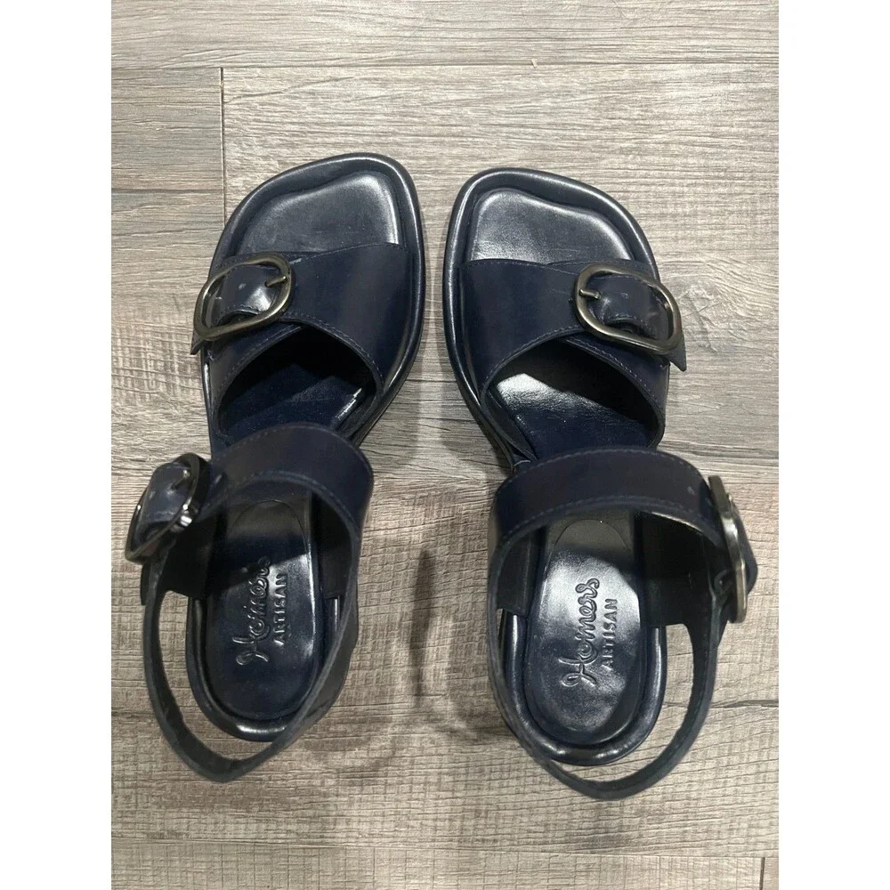 NWOB Homers Navy Blue Block Heel Leather Hand Crafted Strappy Sandals Size 36